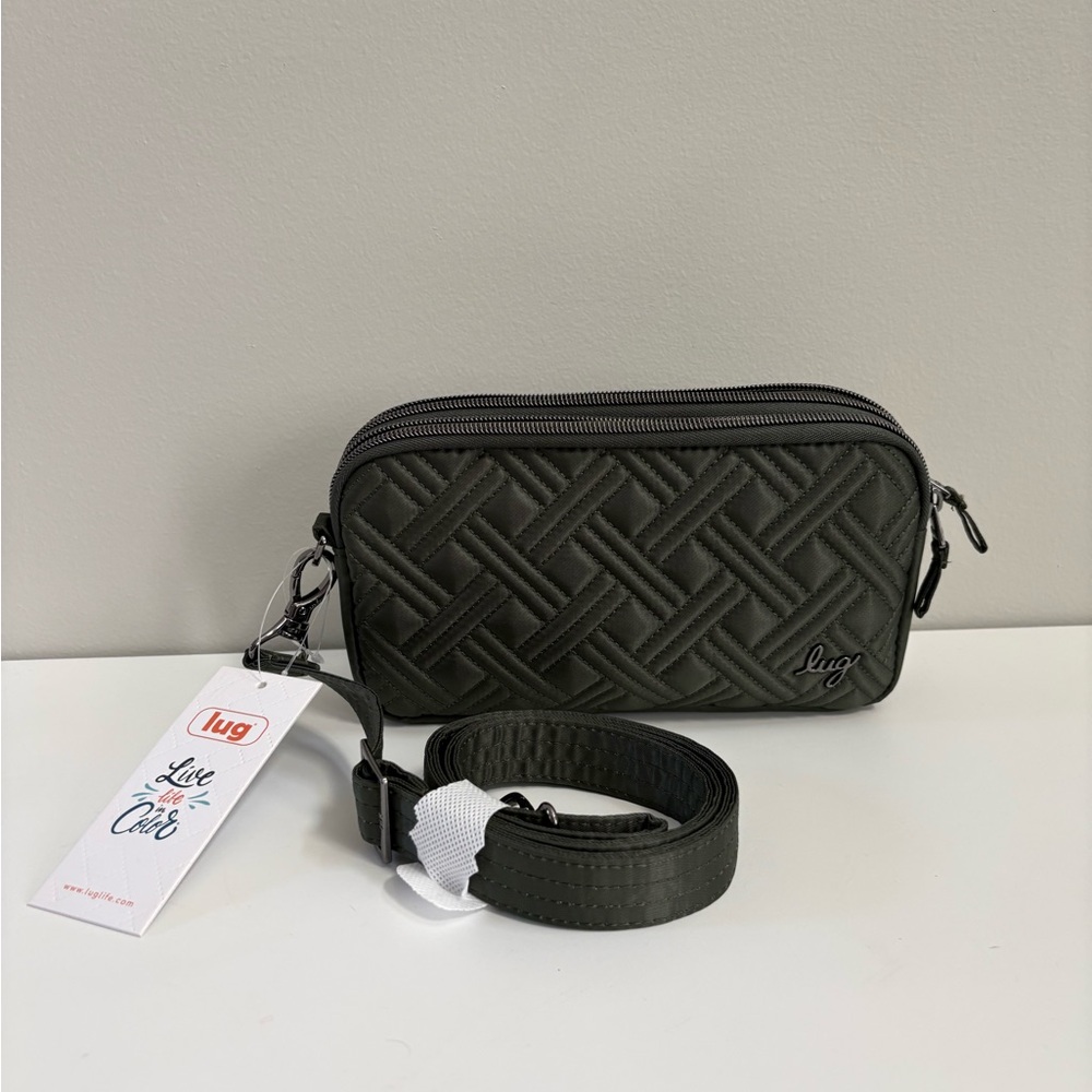 Lug Coupe XL Convertible Quilted Crossbody Belt Bag in Metallic Olive Green